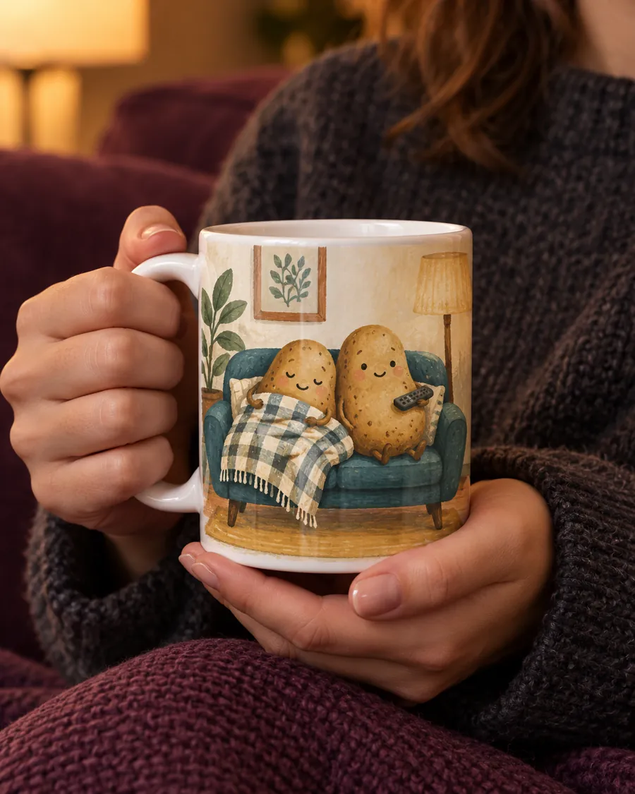 Hands hold a mug printed with two illustrated potatoes relaxing together on a couch.