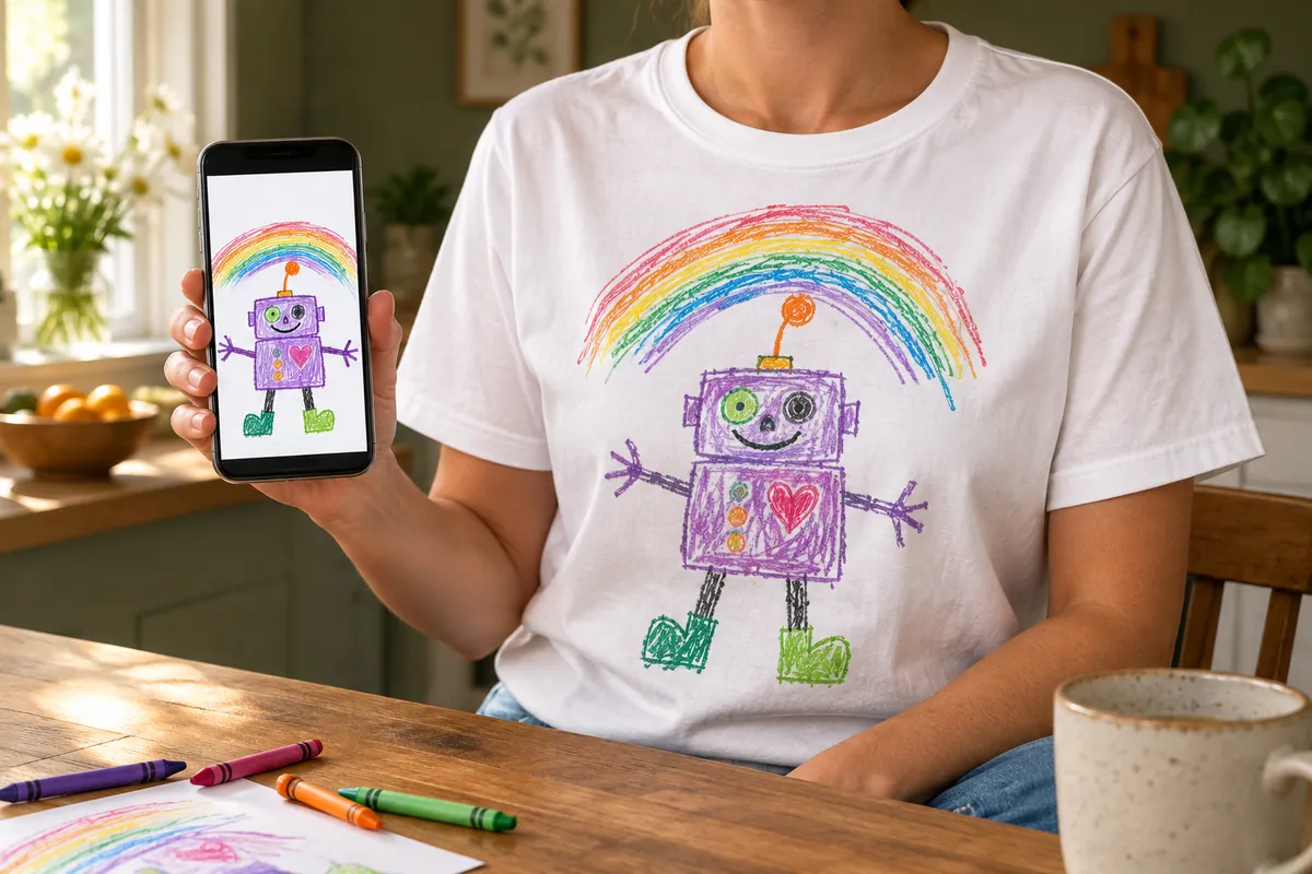 An adult wears a white T-shirt printed with a child's colorful robot drawing and holds the original drawing on a phone.